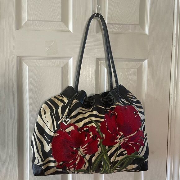 Brighton Zebra Embroidered Floral Canvas Leather trim  Large Shoulder Bag - Picture 1 of 14